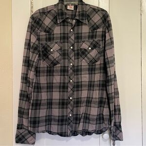 True Religion Gray and Black Plaid Button-Down Shirt Pearl snap size xl